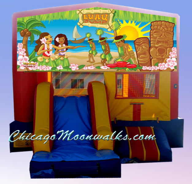 Luau Tropical Combo Moonwalk Rental Chicago, Great Bounce House Rental for Jungle Themed Parties. Add a Frozen Margarita Drink Machine Or Professional Bubble Maker Machine to Complete.  Children love This Jumping Jack Inflatable, Features Slide & Basketball Hoop.